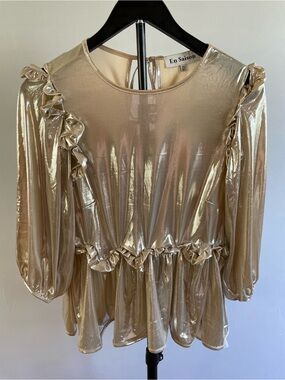 En Saison Top Champagne Metallic Ruffle Peplum Tie Back Blouse XS New With Tags